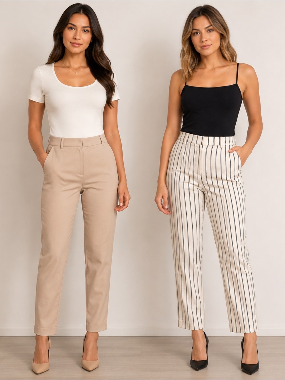 H&M Straight Leg Ankle Pants — Beige Solid & Cream Ivory Pinstripe